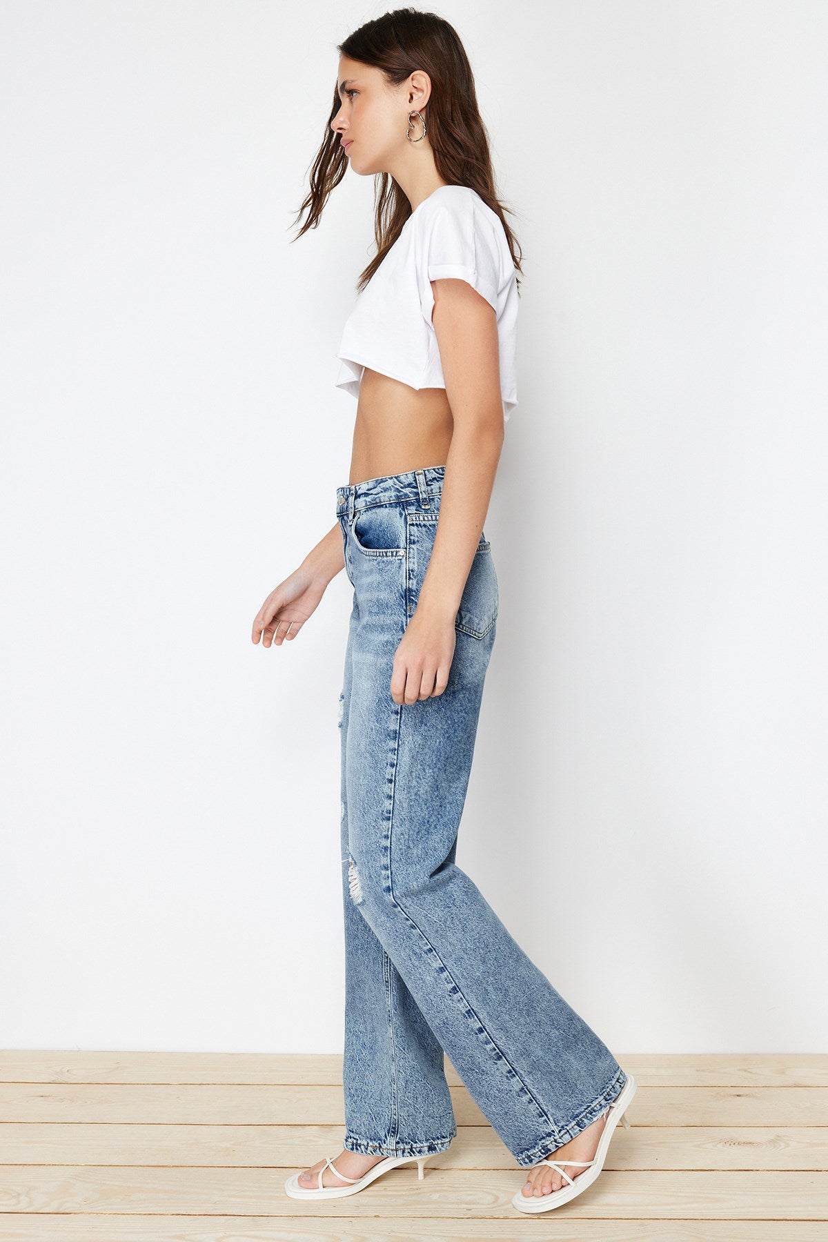 Blue Ripped High Waist Wide Leg Jeans Twoss24je00073