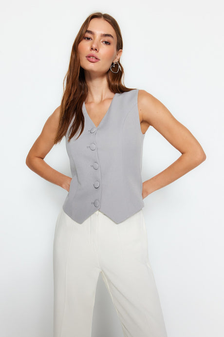 Light Blue Fitted Buttoned Woven Vest Twoss21ye0009