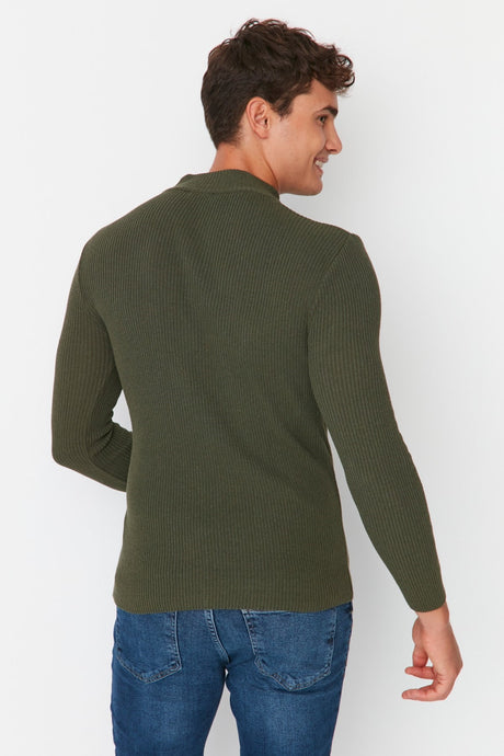 Brown Men's Fitted Slim Fit Half Turtleneck Ribbed Knitwear Sweater Tmnaw21kz0568