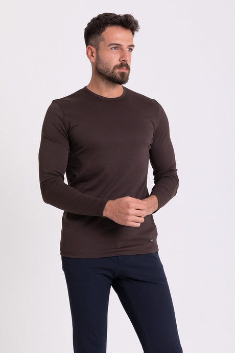 Flat Tile Color Slim Fit Long Sleeve Crew Neck Men's T-shirt 36671.21k