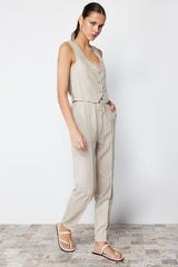 Beige Elastic Waist Straight/straight Cut Cotton Linen Woven Pants Twoss24pl00063