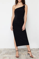 Black Accessory Rose Detailed Ruffle Body Fit Flexible Knitted Midi Pencil Dress Twoss24el00413