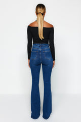 Black Front Buttoned High Waist Flare Jeans Twoss20je0111