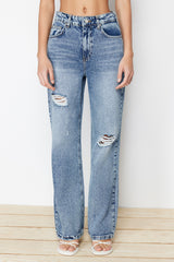 Blue Ripped High Waist Wide Leg Jeans Twoss24je00073