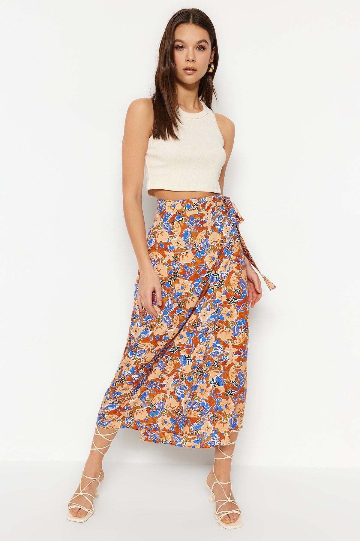 Multi Color Floral Print Viscose Fabric Midi Woven Skirt Twoss23et00294