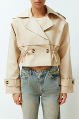 Beige Oversize Wide Cut Cotton Crop Trench Coat Twoss24tr00012