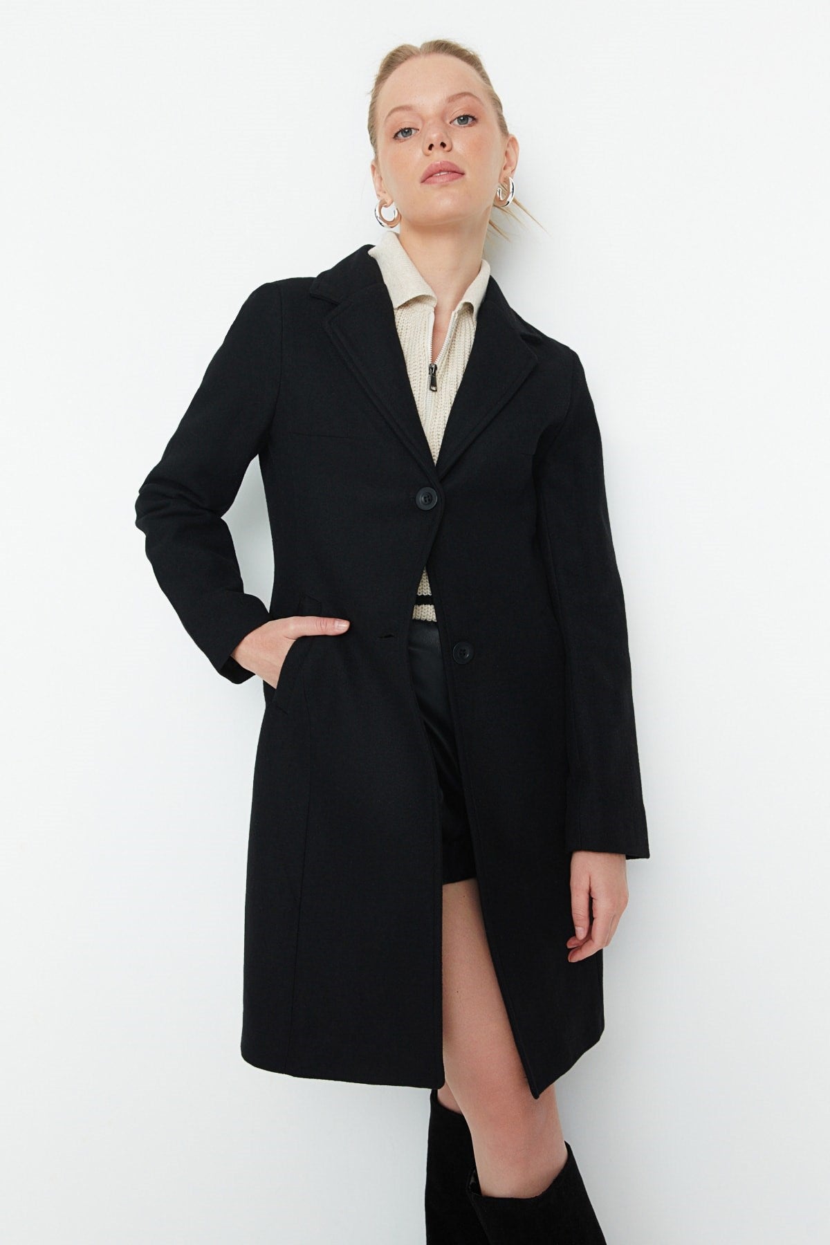 Black Fitted Long Wool Cashmere Coat Twoaw21kb0016