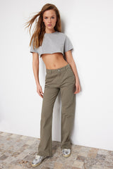 Khaki Pocket Detailed High Waist Wide Leg Jeans Twoss24je00208