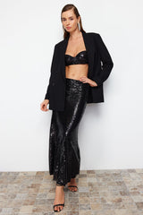 Black Sequin Long Woven Skirt Tprss24et00011