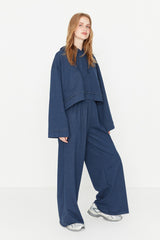 Navy Blue Wide Pattern Wide Leg Knitted Tracksuit Twoss21em0026