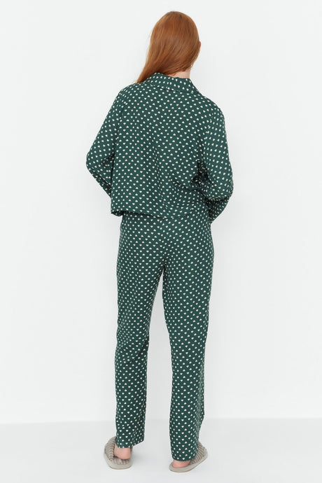 Powder Heart Pattern Drawstring Detailed Shirt-pants Woven Sleepwear Set Thmaw22pt0300