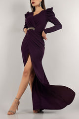 Deep Slit Long Sleeve Plastic Chain Detailed Evening Dress And Graduation Dress 582260 722 Mat-722