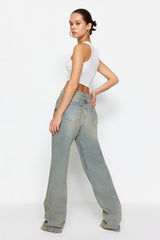 Blue Pale Eect Vintage Low Waist Wide Leg Jeans Twoss24je00032