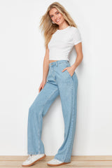 Blue 100% Tencel™ Pocket Detailed High Waist Wide Leg Jeans Twoss24je00201