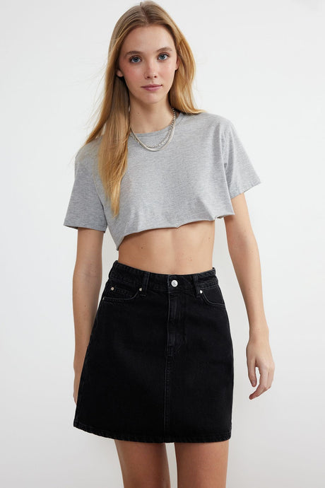 Black High Waist Mini Denim Skirt Twoss24et00063