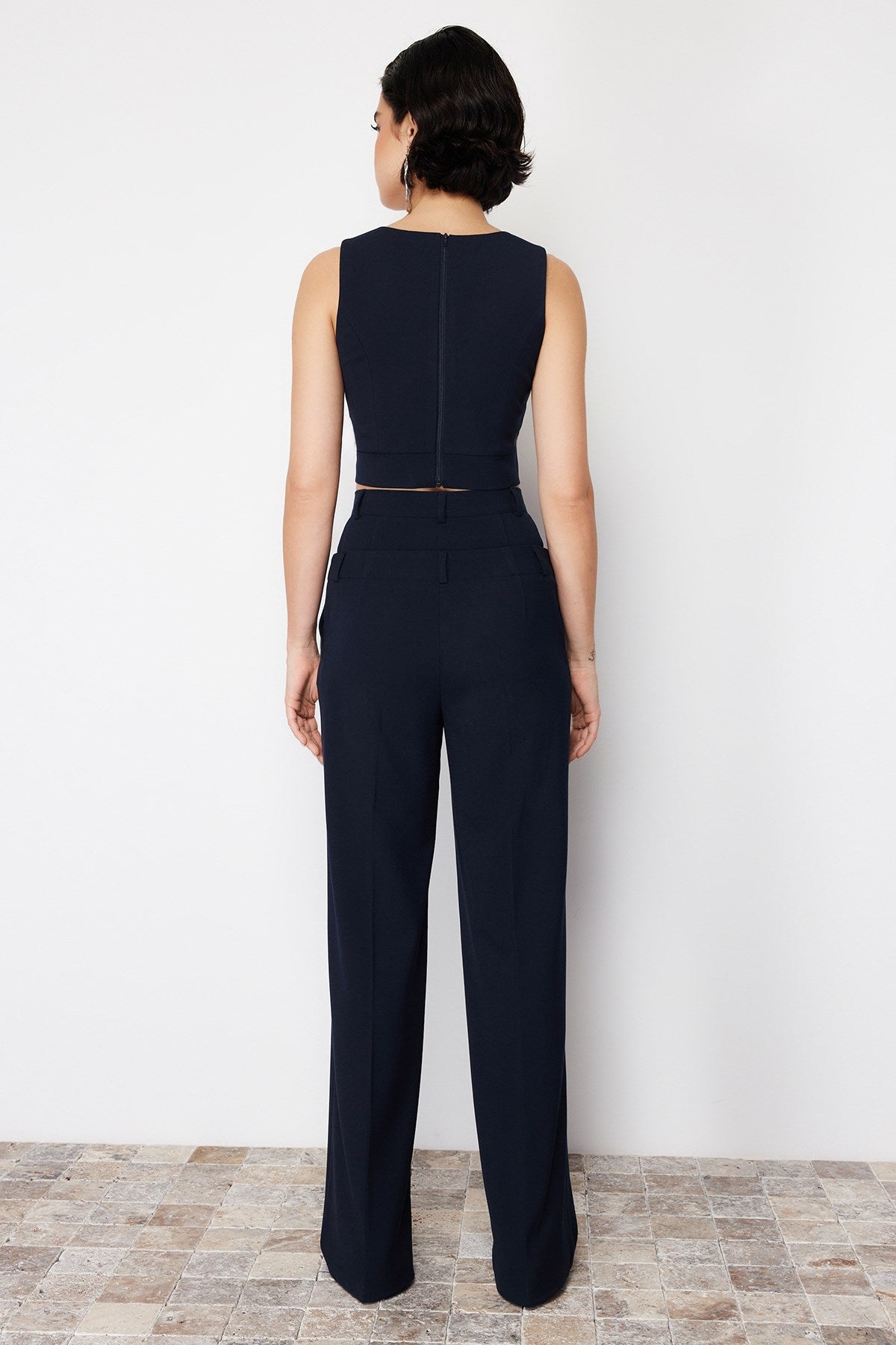 Navy Blue Straight/straight Cut Polyviscose Waist Detailed Woven Pants Twoss24pl00078