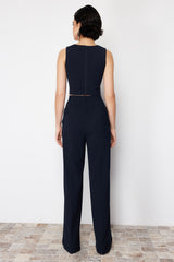 Navy Blue Straight/straight Cut Polyviscose Waist Detailed Woven Pants Twoss24pl00078