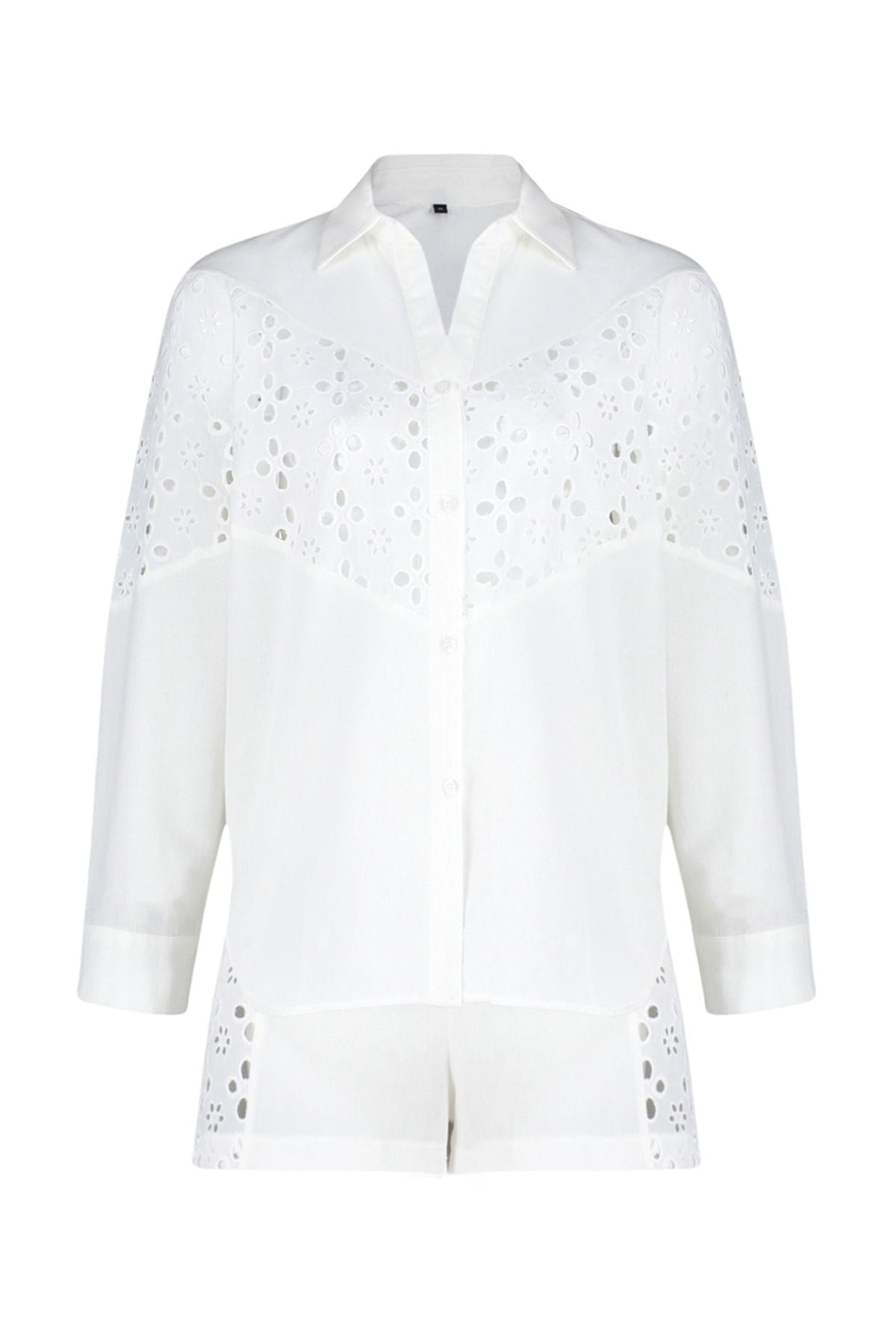 White Woven Embroidered 100% Cotton Shirt Shorts Suit Tbess24au00029