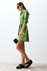 Green Belted Fabric Textured Mini Woven Shirt Dress Twoss24el00316