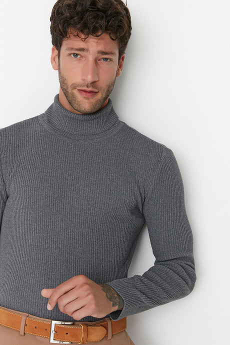 Grey Men's Slim Fit Turtleneck Ribbed Knit Basic Sweater Tmnaw20mg0031