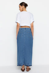 Dark Blue Slit Maxi Denim Skirt Twoss23et00289