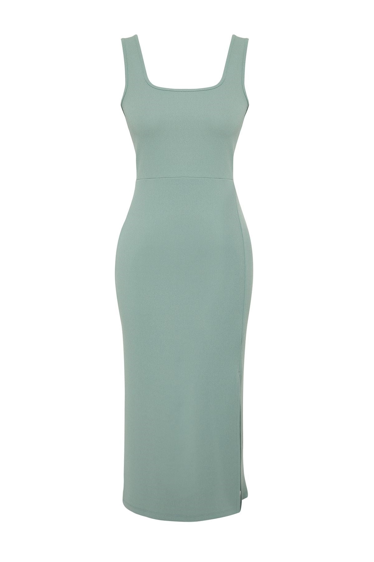 Mint Fitted/body-fitting Slit Square Neckline Flexible Knit Midi Pencil Dress Twoss24el00679