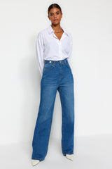 Blue Waist Detailed High Waist Wide Leg Jeans Twoss22je0675