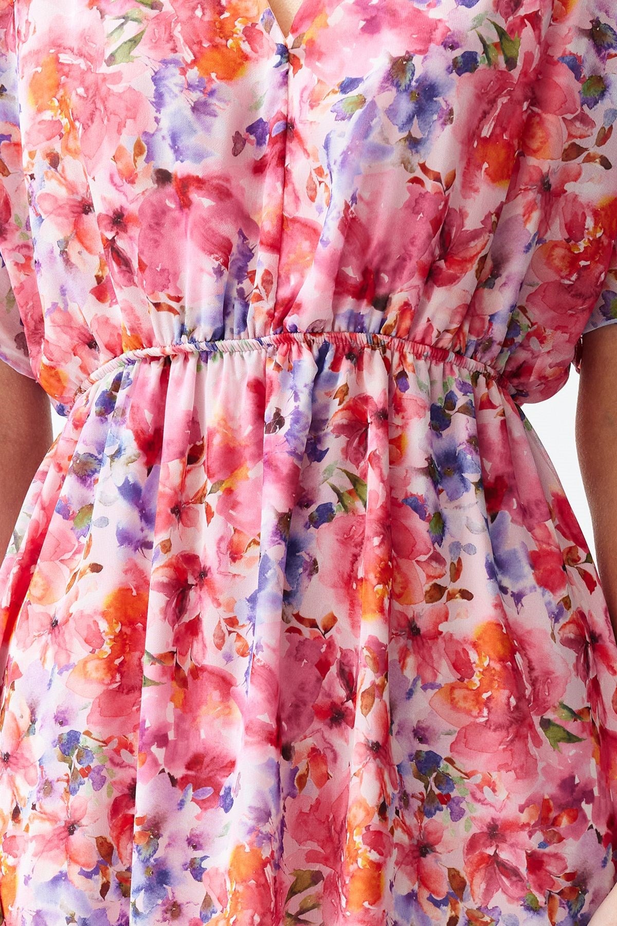 Pink Floral Print Waist Ruffle Detail Lined Chiffon Mini Woven Dress Twoss24el00638