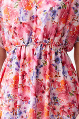 Pink Floral Print Waist Ruffle Detail Lined Chiffon Mini Woven Dress Twoss24el00638