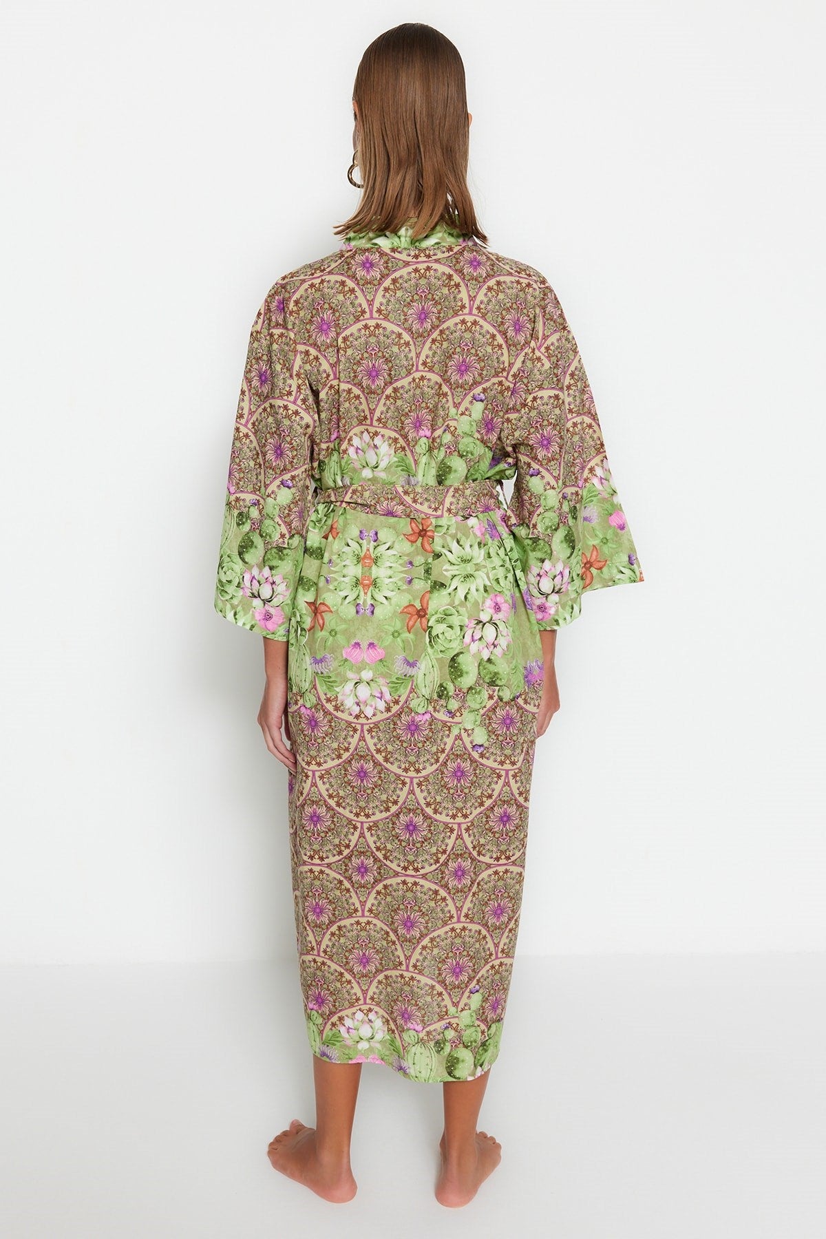 Floral Pattern Belted Maxi Woven 100% Cotton Kimono&kaftan Tbess23km00009