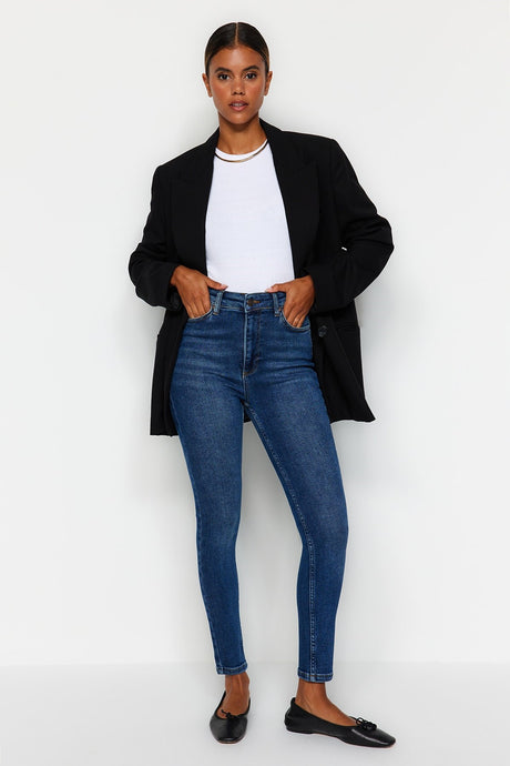 Navy Blue High Waist Skinny Jeans Twoaw24je00068