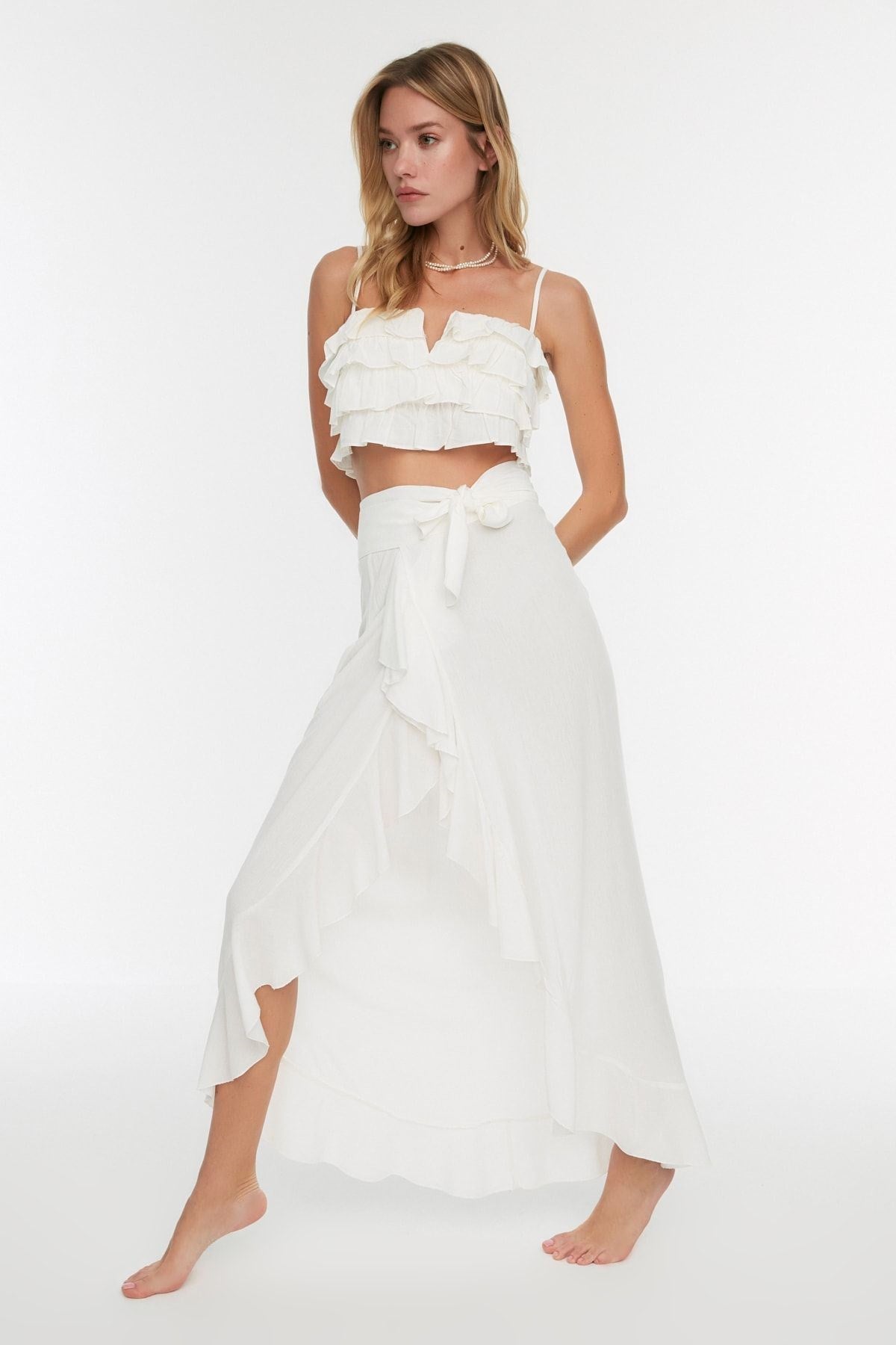 Bridal Ecru Maxi Woven Ruffle Skirt Tbess19wv0004