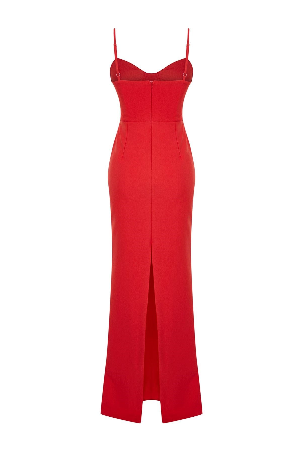 Red Chest Detailed Body Sitting Long Night Evening Dress Tprss24ae00115