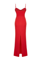 Red Chest Detailed Body Sitting Long Night Evening Dress Tprss24ae00115