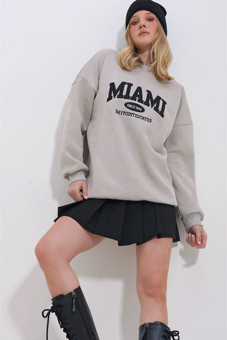 Women's Beige Crew Neck Embroidered 3-thread Charcoal Oversize Sweatshirt Alc-x11393