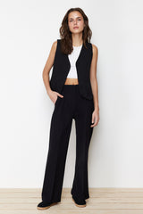 Black Straight/flat Cut Back Belt Buckle Detailed Woven Pants Twoss24pl00068