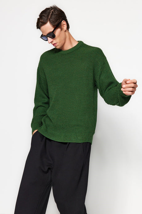 Khaki Men's Oversize Fit Wide Pattern Crew Neck Basic Knitwear Sweater Tmnaw23kz00189