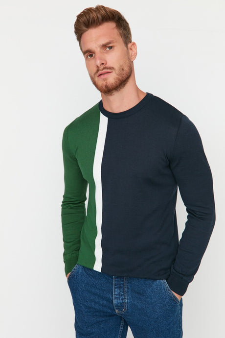 Navy Blue Men's Slim Fit Crew Neck Color Block Cotton Knitwear Sweater Tmnaw21kz0566