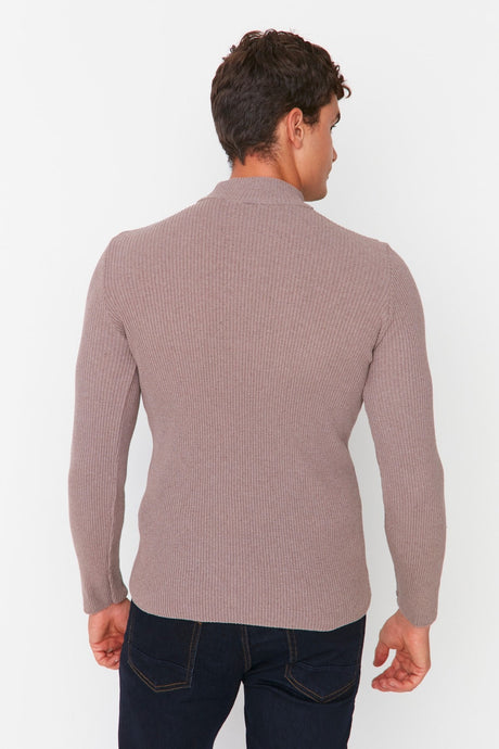 Brown Men's Fitted Slim Fit Half Turtleneck Ribbed Knitwear Sweater Tmnaw21kz0568