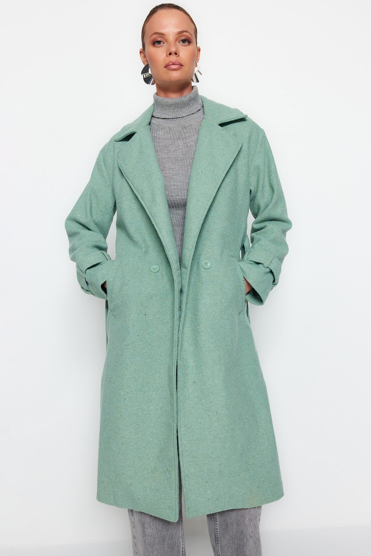 Mink Oversize Wide Cut Belt Long Woolen Cashmere Coat Twoaw22kb0015