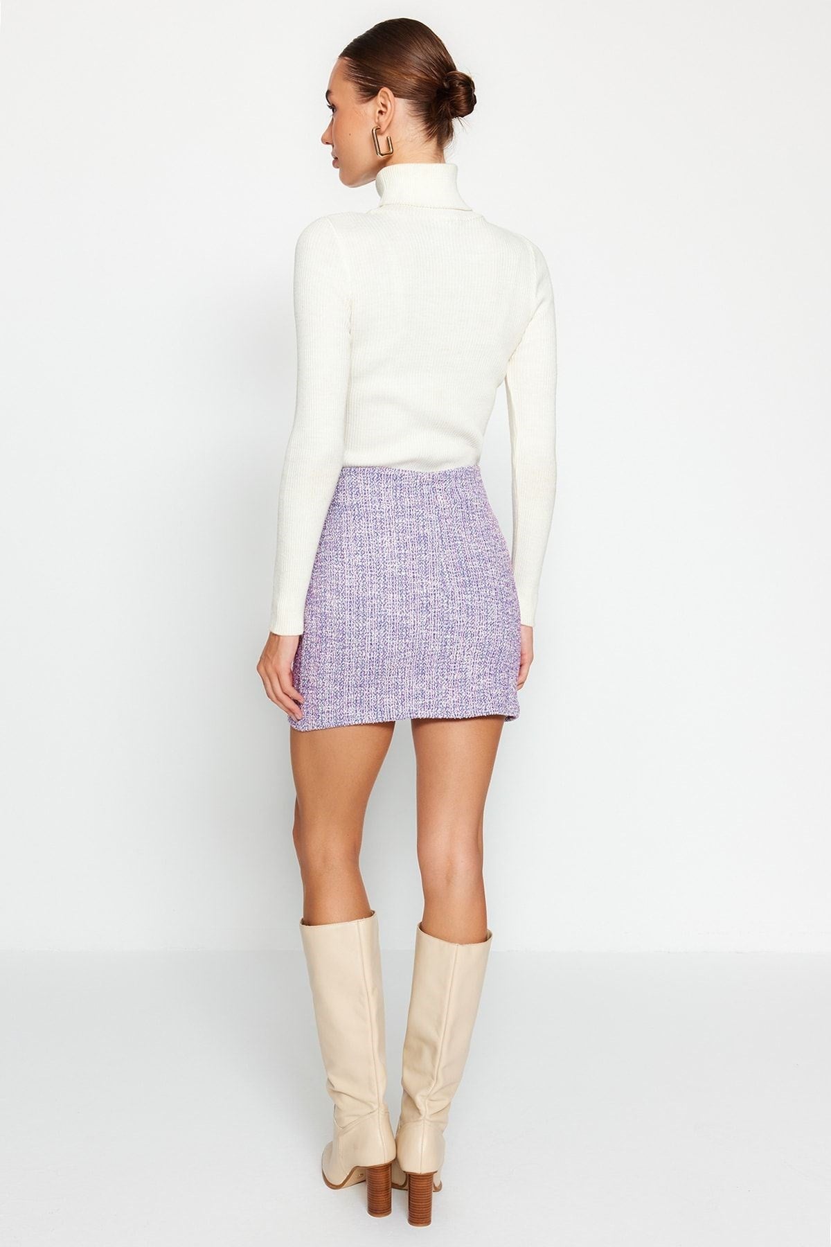 Purple Zipper And Slit Tweed Regular Waist Mini Knit Skirt Twoaw24et00146