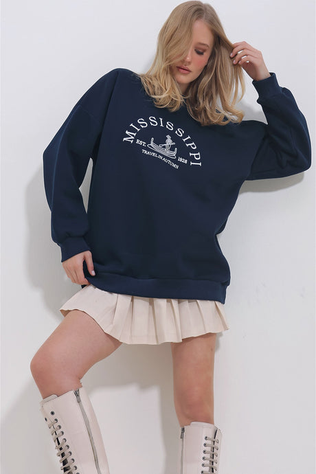 Women's Navy Crew Neck 3 Thread Charcoal Embroidered Oversize Sweatshirt Alc-x11394