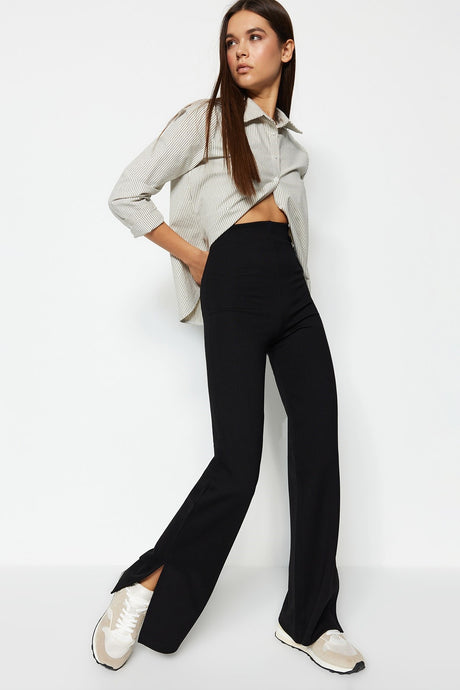 Black Sides Slit Flare/spanish Leg High Waist Knit Pants Twoss23pl00134