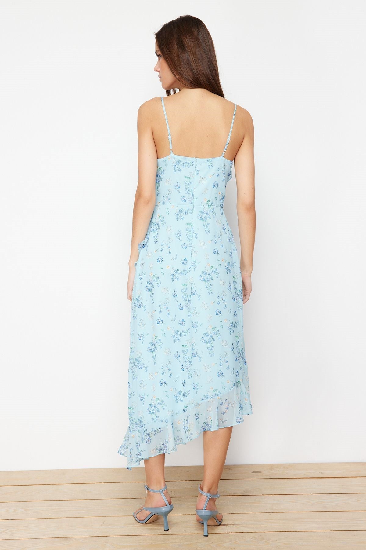 Blue Floral Ruffled A Cut Chiffon Lined Maxi Woven Dress Twoss24el00692