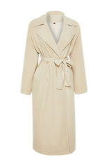 Beige Oversize Wide Cut Chiffon Detailed Pleated Trench Coat Twoss24tr00019