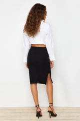 Black Double Slit Body-fitting High Waist Ribbed Flexible Midi Knit Skirt Twoss22et0250