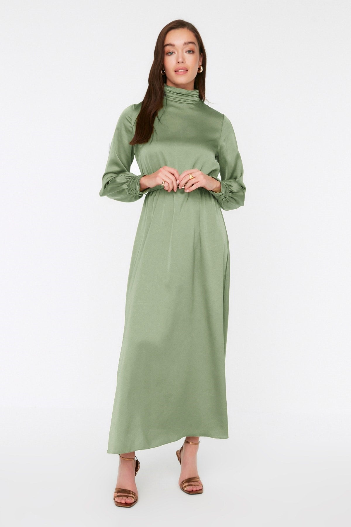 Green Collar And Cuff Drape Detailed Belted Woven Evening Dress Tctss22eb0142