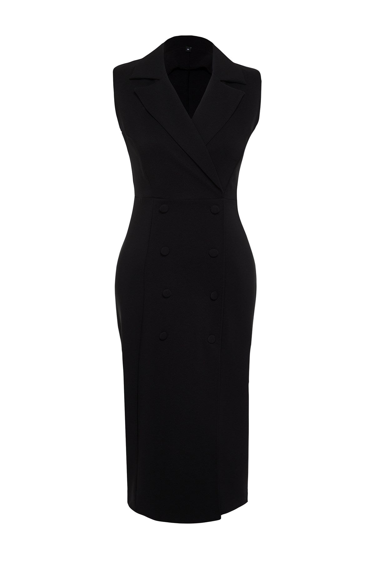 Black Body Wrap Button Detailed Double Neck Sleeveless Midi Woven Dress Twoss24el00616