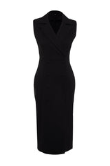 Black Body Wrap Button Detailed Double Neck Sleeveless Midi Woven Dress Twoss24el00616