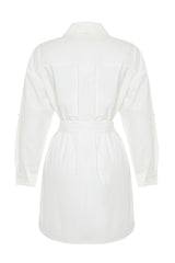 White Belted 100% Cotton Mini Woven Shirt Dress Twoss24el00339